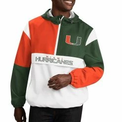Men's G-III Sports By Carl Banks White/Green Miami Hurricanes College Fair Catch Half-Zip Hoodie