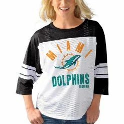 Women's G-III 4Her By Carl Banks White/Black Miami Dolphins First Team Three-Quarter Sleeve Mesh T-Shirt -G-III Sales Store unnamed file 1936