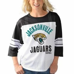 Women's G-III 4Her By Carl Banks White/Black Jacksonville Jaguars First Team Three-Quarter Sleeve Mesh T-Shirt 3 Women's G-III 4Her By Carl Banks White/Black Jacksonville Jaguars First Team Three-Quarter Sleeve Mesh T-Shirt -G-III Sales Store unnamed file 2730