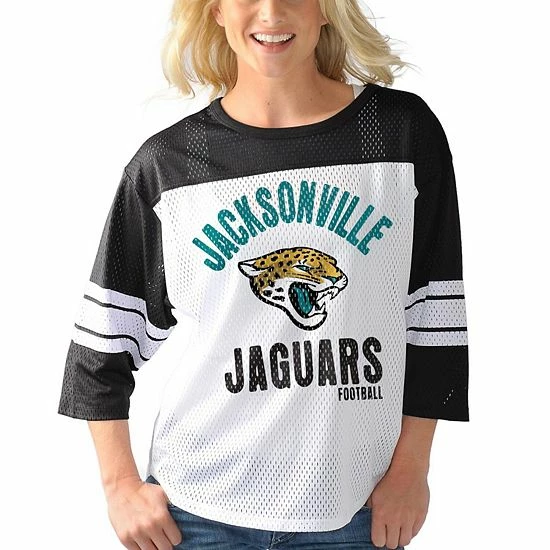 Women's G-III 4Her by Carl Banks White/Black Jacksonville Jaguars First Team Three-Quarter Sleeve Mesh T-Shirt Women's G-III 4Her By Carl Banks White/Black Jacksonville Jaguars First Team Three-Quarter Sleeve Mesh T-Shirt -G-III Sales Store unnamed file 2730