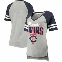 Women's G-III 4Her By Carl Banks Heathered Gray/Navy Minnesota Twins Goal Line Raglan V-Neck T-Shirt