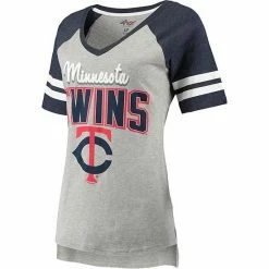 Women's G-III 4Her By Carl Banks Heathered Gray/Navy Minnesota Twins Goal Line Raglan V-Neck T-Shirt -G-III Sales Store unnamed file 2928