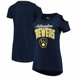 Women's G-III 4Her By Carl Banks Navy Milwaukee Brewers Clear The Bases Cold Shoulder Scoop Neck T-Shirt