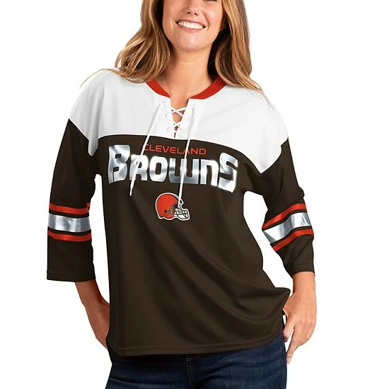 Women's G-III 4Her by Carl Banks Brown/White Cleveland Browns Double Team Three-Quarter Sleeve Lace-Up T-Shirt Women's G-III 4Her By Carl Banks Brown/White Cleveland Browns Double Team Three-Quarter Sleeve Lace-Up T-Shirt -G-III Sales Store unnamed file 407