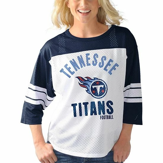 Women's G-III 4Her By Carl Banks White/Navy Tennessee Titans First Team Three-Quarter Sleeve Mesh T-Shirt 4 Women's G-III 4Her By Carl Banks White/Navy Tennessee Titans First Team Three-Quarter Sleeve Mesh T-Shirt - Image 4