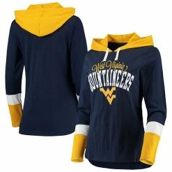 Women's G-III 4Her By Carl Banks Navy/Gold West Virginia Mountaineers Passing Play Long Sleeve Hoodie T-Shirt
