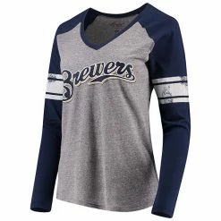 Women's G-III 4Her By Carl Banks Gray/Navy Milwaukee Brewers Franchise Tri-Blend Raglan Long Sleeve T-Shirt -G-III Sales Store unnamed file 4326