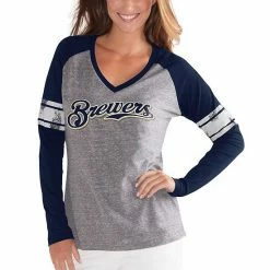 Women's G-III 4Her By Carl Banks Gray/Navy Milwaukee Brewers Franchise Tri-Blend Raglan Long Sleeve T-Shirt -G-III Sales Store unnamed file 4328