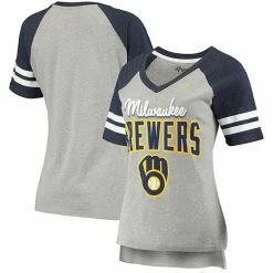 Women's G-III 4Her By Carl Banks Heathered Gray/Navy Milwaukee Brewers Goal Line Raglan V-Neck T-Shirt