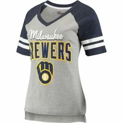 Women's G-III 4Her By Carl Banks Heathered Gray/Navy Milwaukee Brewers Goal Line Raglan V-Neck T-Shirt -G-III Sales Store unnamed file 4503