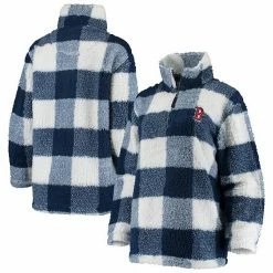Women's G-III Sports By Carl Banks Navy/White Boston Red Sox Sherpa Plaid Quarter-Zip Jacket