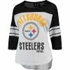 Women's G-III 4Her By Carl Banks White/Black Pittsburgh Steelers First Team Three-Quarter Sleeve Mesh T-Shirt