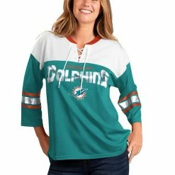 Women's G-III 4Her By Carl Banks Aqua/White Miami Dolphins Double Team Three-Quarter Sleeve Lace-Up T-Shirt