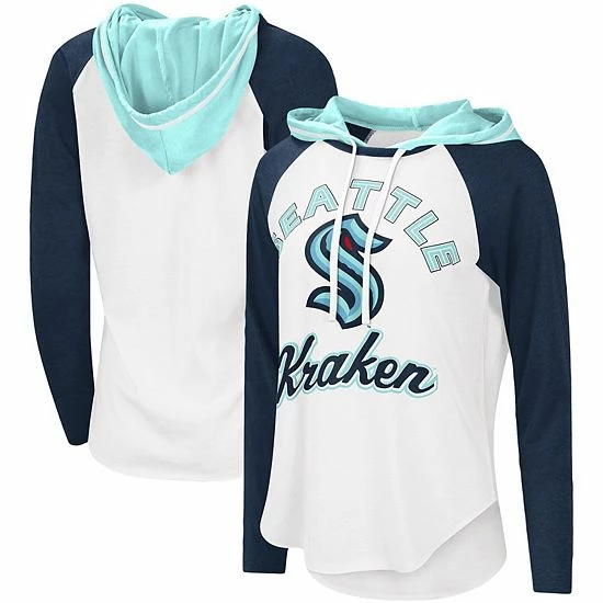 Women's G-III Sports By Carl Banks White/Deep Sea Blue Seattle Kraken Sideline Raglan Long Sleeve Hoodie T-Shirt 2 Women's G-III Sports By Carl Banks White/Deep Sea Blue Seattle Kraken Sideline Raglan Long Sleeve Hoodie T-Shirt - Image 2